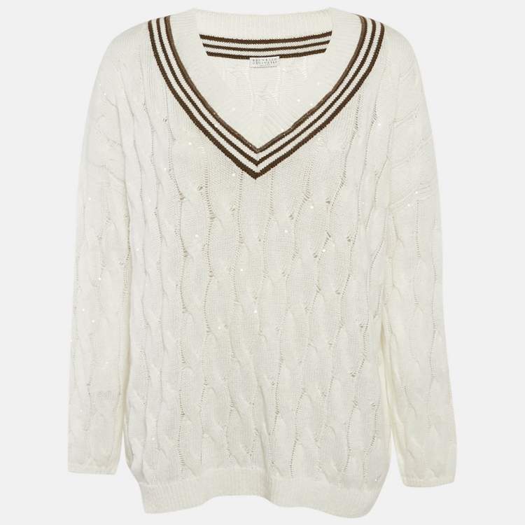 مملوكة مسبقًا Brunello Cucinelli White Cable Knit Contrast Monili Detail V-Neck Sweater L