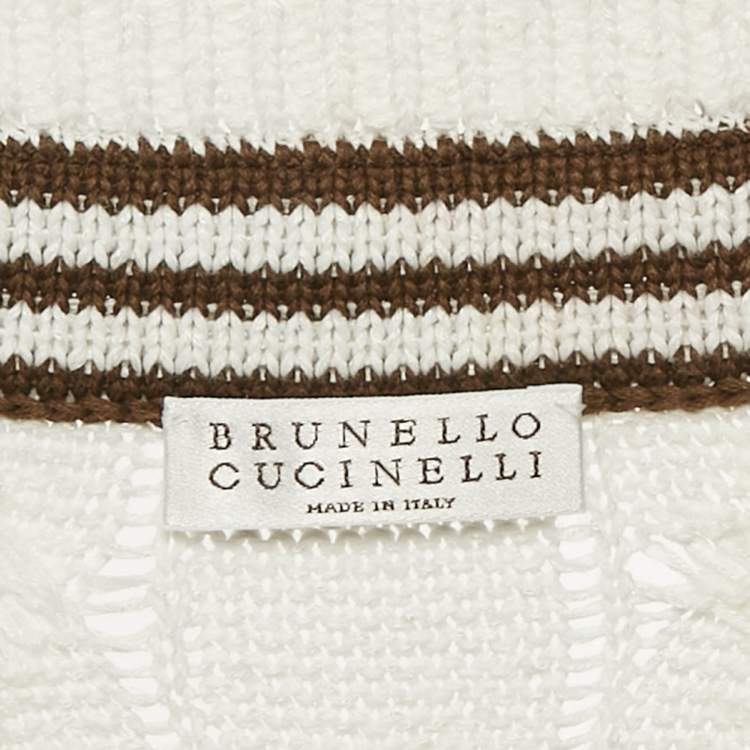 مملوكة مسبقًا Brunello Cucinelli White Cable Knit Contrast Monili Detail V-Neck Sweater L
