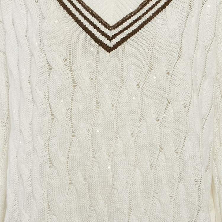مملوكة مسبقًا Brunello Cucinelli White Cable Knit Contrast Monili Detail V-Neck Sweater L