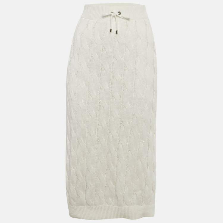 Pre Owned Brunello Cucinelli White Cable Knit Waist Tie Detail Midi Skirt XL