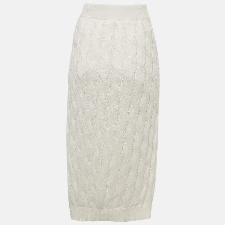 Pre Owned Brunello Cucinelli White Cable Knit Waist Tie Detail Midi Skirt XL