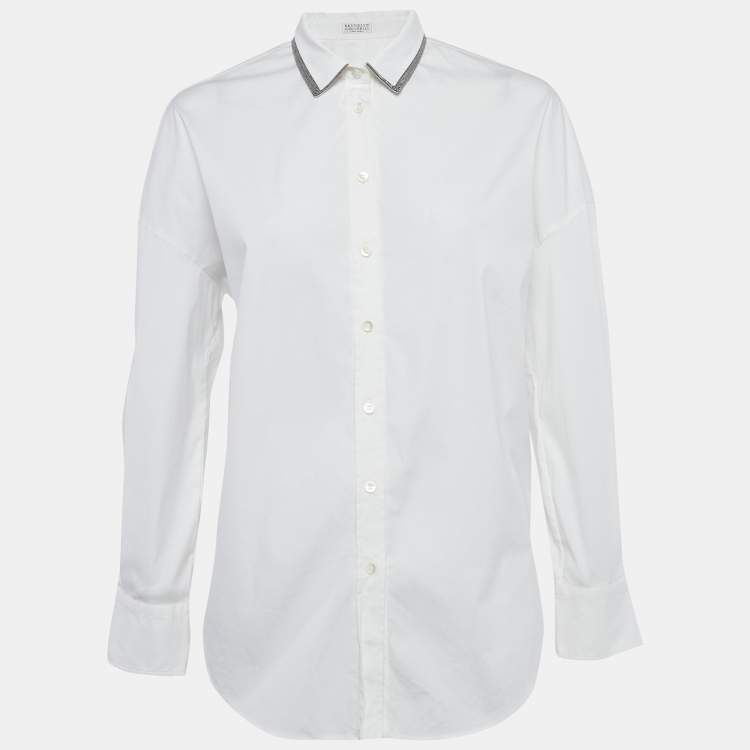 مملوكة مسبقًا Brunello Cucinelli White Collar Embellished Trim Cotton Blend Shirt M