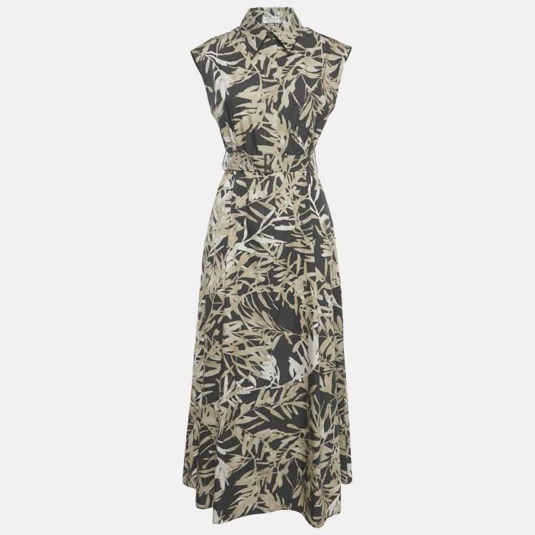 Pre Owned Brunello Cucinelli Grey Floral Print Cotton Belted Midi Dress S