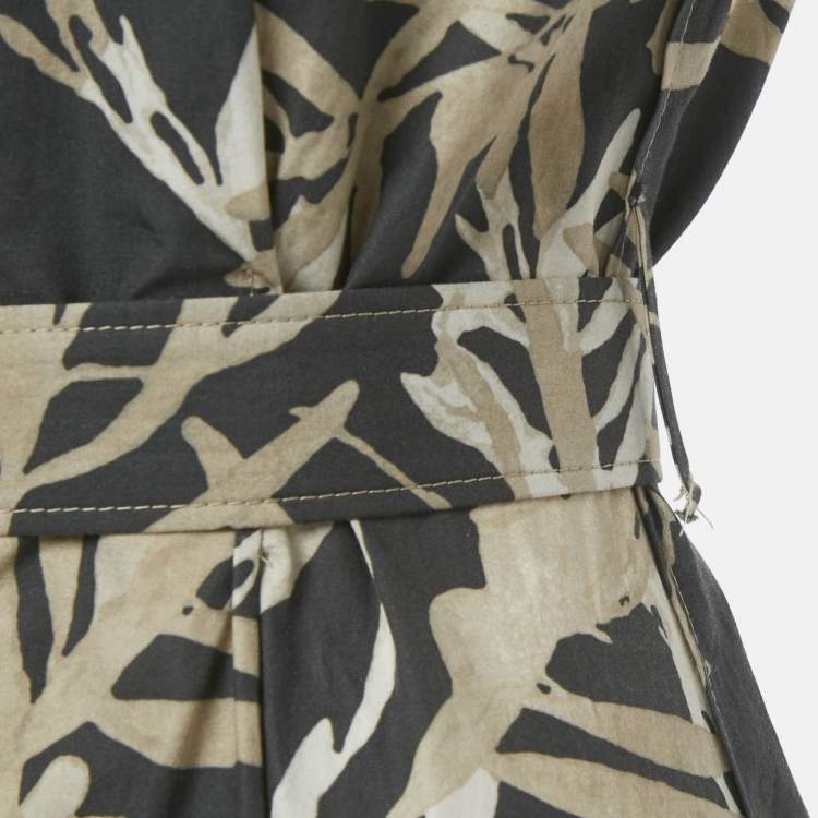 Pre Owned Brunello Cucinelli Grey Floral Print Cotton Belted Midi Dress S