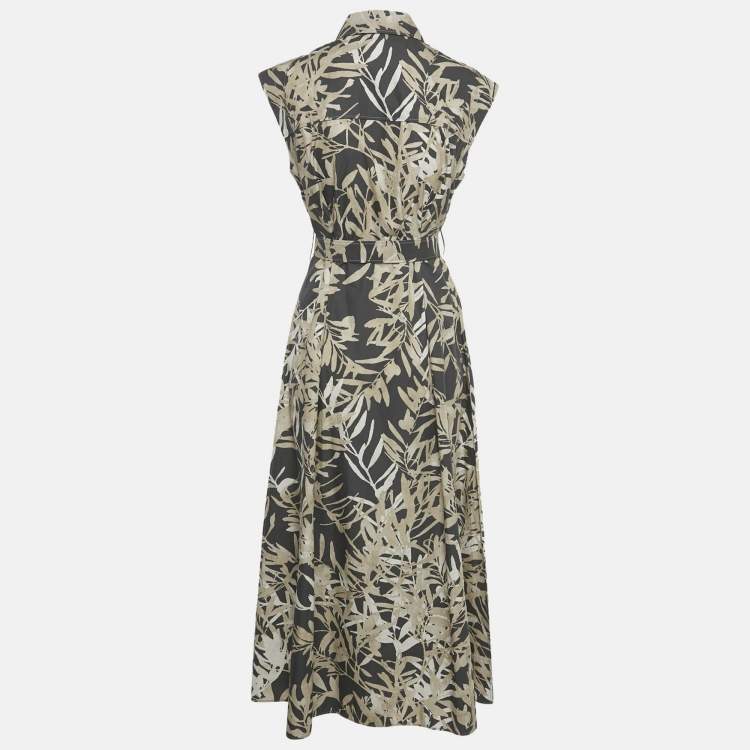 Pre Owned Brunello Cucinelli Grey Floral Print Cotton Belted Midi Dress S
