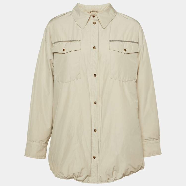 Pre Owned Brunello Cucinelli Beige Embellished Trim Synthetic Blend Down Jacket L