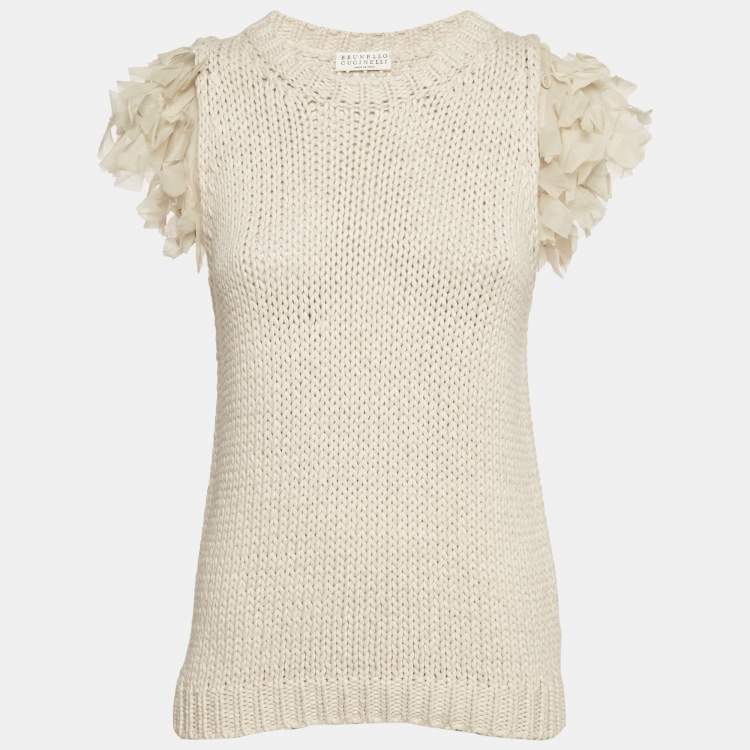 Pre Owned Brunello Cucinelli Cream Knit Sleeveless Top M