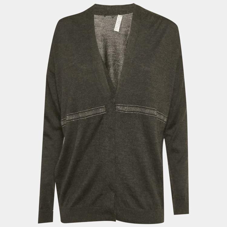Pre Owned Brunello Cucinelli Grey Cashmere Monili Detail Cardigan M
