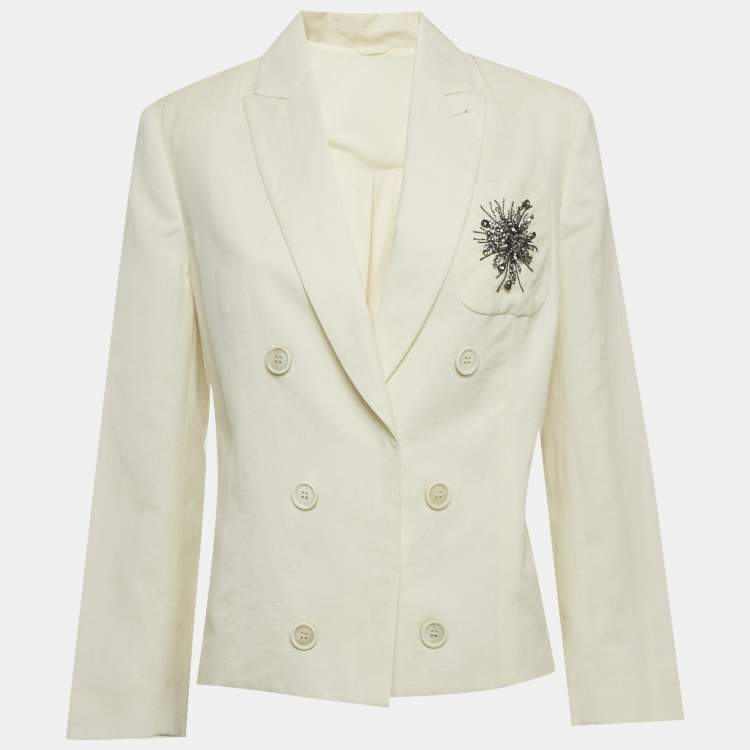 Pre Owned Brunello Cucinelli Cream Wool Blend Embellished Blazer L