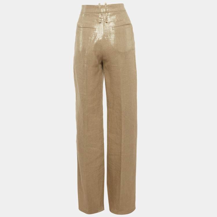 Pre Owned Brunello Cucinelli Gold Linen Blend Straight Fit Trouser S /Waist 27"