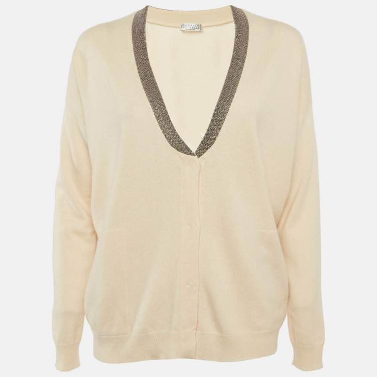 Pre Owned Brunello Cucinelli Beige Cashmere Monili Detail Cardigan M