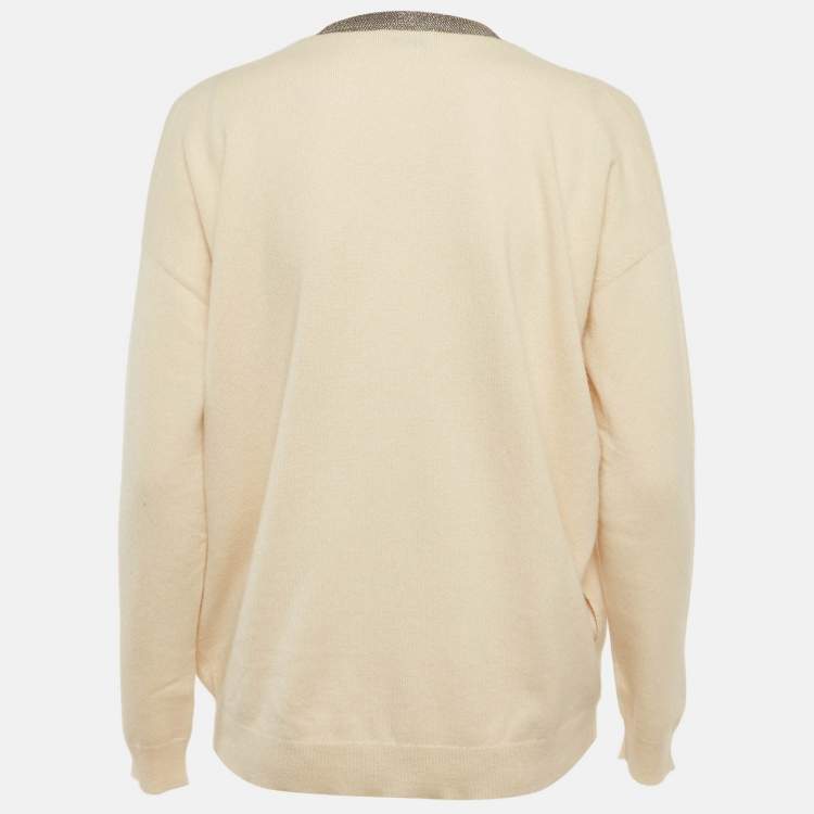 Pre Owned Brunello Cucinelli Beige Cashmere Monili Detail Cardigan M