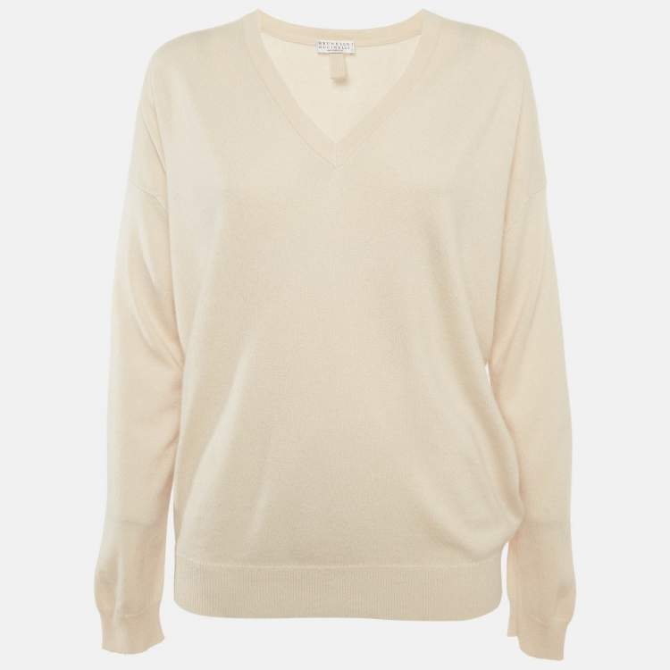 Pre Owned Brunello Cucinelli Beige Cashmere V-Neck Sweater M