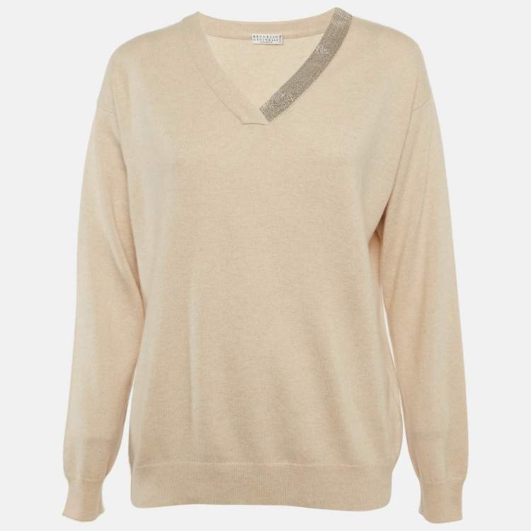Pre Owned Brunello Cucinelli Beige Cashmere Monili V-Neck Sweater M