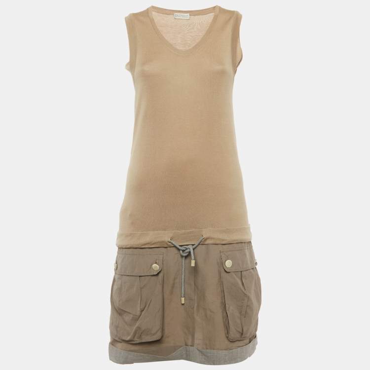 Pre Owned Brunello Cucinelli Beige Cotton Knit Sleeveless Short Dress XS