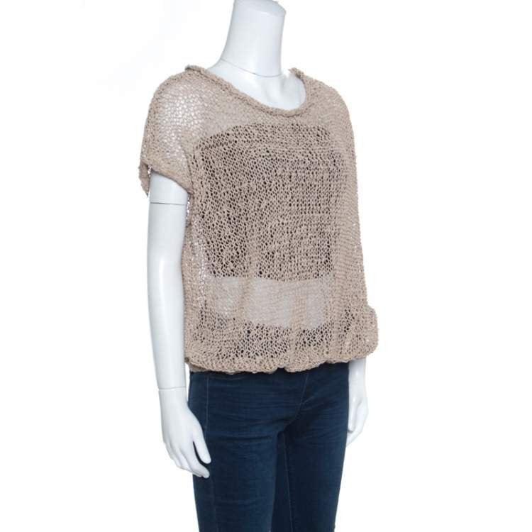 Pre Owned Brunello Cucinelli Brown Faux Suede Open Knit Oversized Top L
