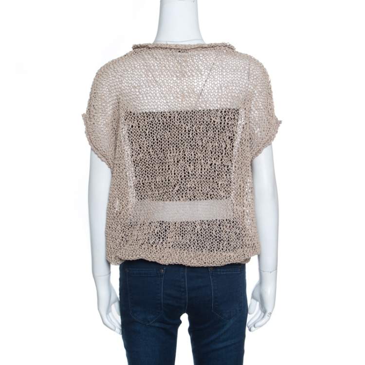 Pre Owned Brunello Cucinelli Brown Faux Suede Open Knit Oversized Top L