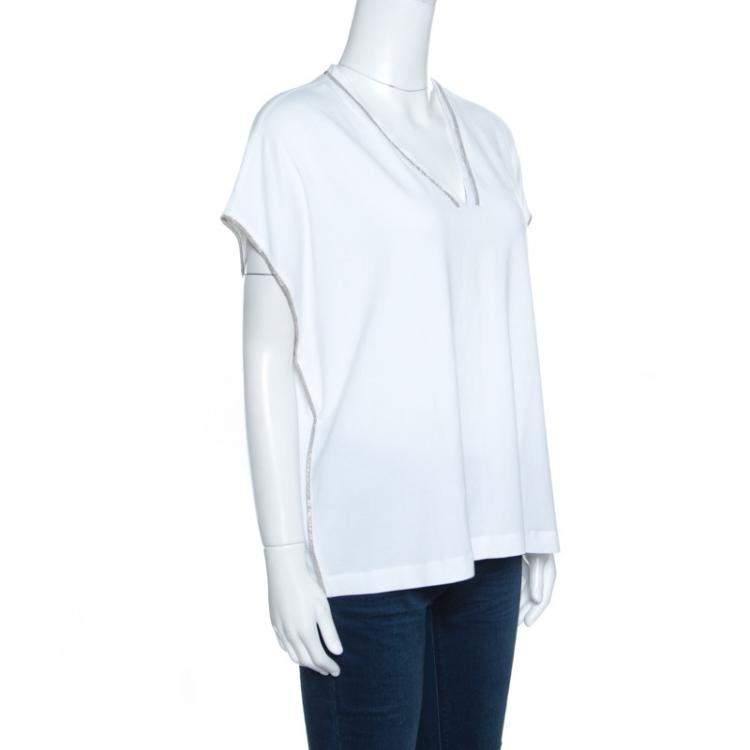 Pre Owned Brunello Cucinelli White Cotton Monili Trim Kaftan Top XXL