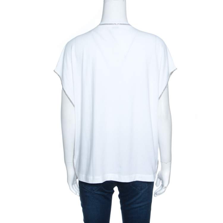 Pre Owned Brunello Cucinelli White Cotton Monili Trim Kaftan Top XXL