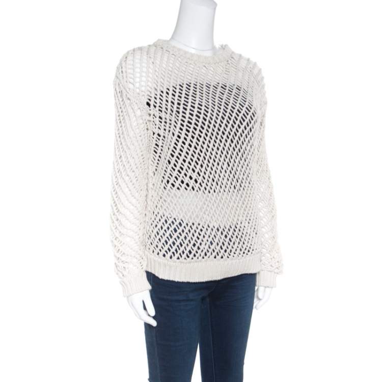 Pre Owned Brunello Cucinelli Cream Chunky Open Knit Cotton Long Sleeve Sweater L