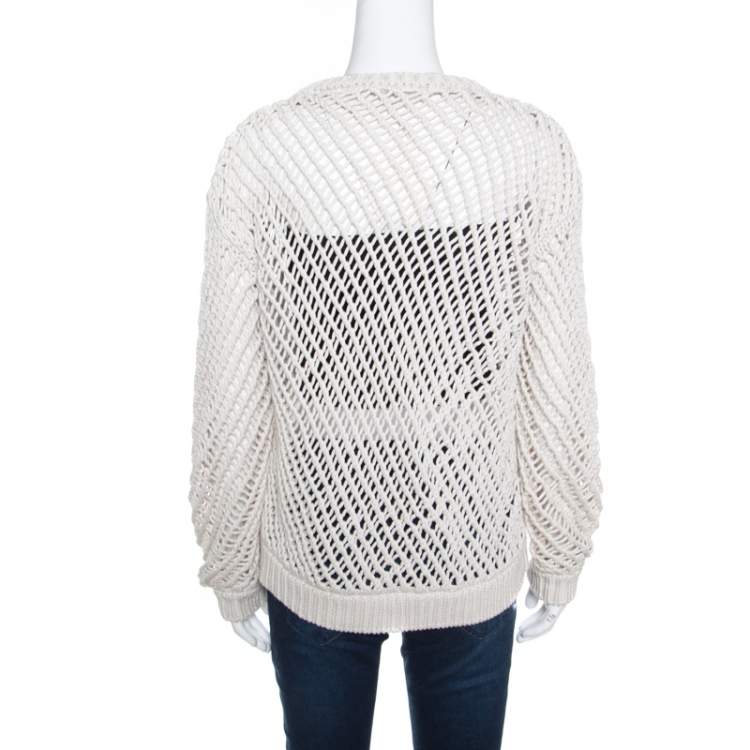 Pre Owned Brunello Cucinelli Cream Chunky Open Knit Cotton Long Sleeve Sweater L