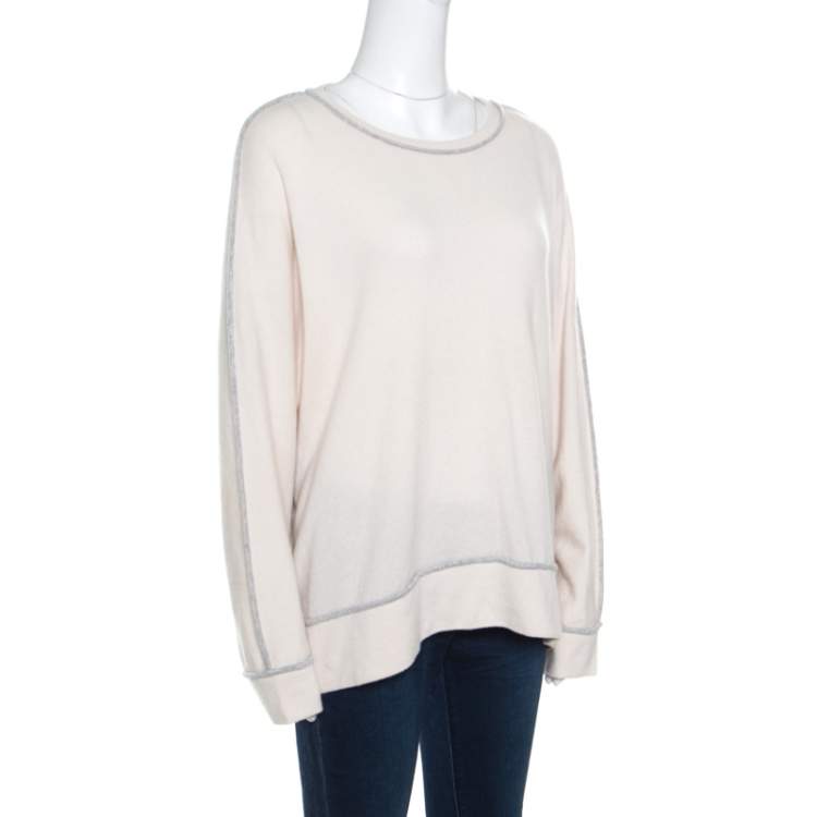 Pre Owned Brunello Cucinelli Cream Cashmere Contrast Piped Dolman Sleeve Sweater XL
