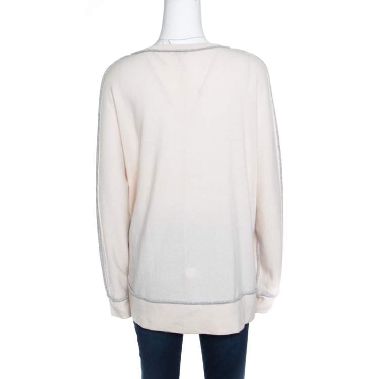 Pre Owned Brunello Cucinelli Cream Cashmere Contrast Piped Dolman Sleeve Sweater XL