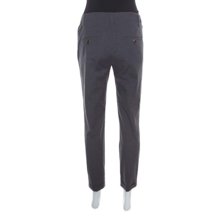 Pre Owned Brunello Cucinelli Dark Grey Cotton Ribbed Waist Trim Cuffed Hem Pants M