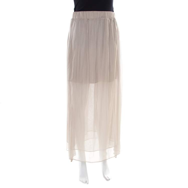 Pre Owned Brunello Cucinelli Grey Gathered Silk Semi Sheer Maxi Skirt S
