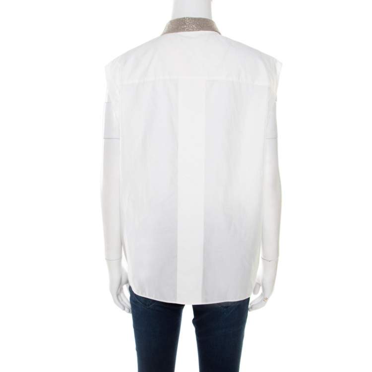 Pre Owned Brunello Cucinelli Off White Monili Collar Detail Sleeveless Shirt XL