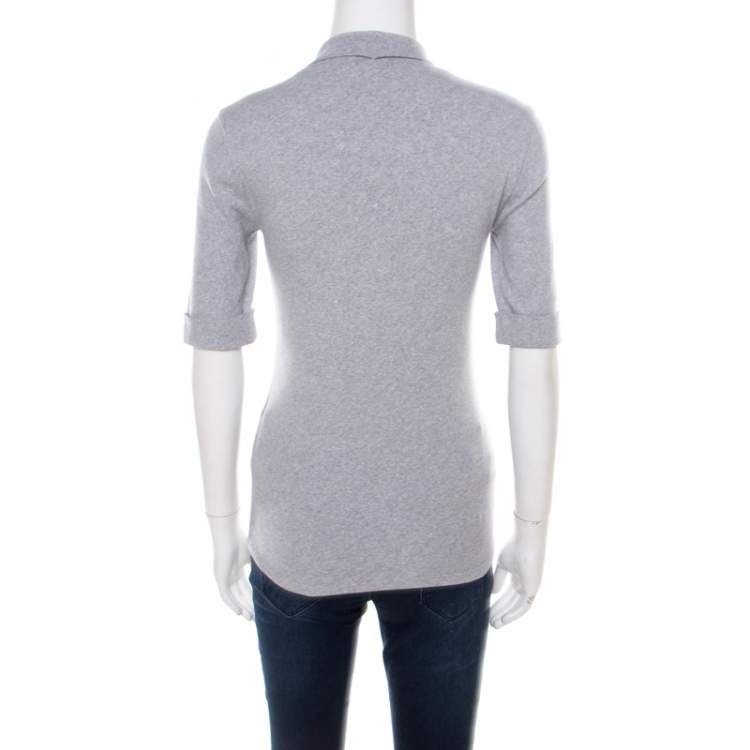 Pre Owned Brunello Cucinelli Grey Ribbed Cotton Sparkle Bead Embellished Top L