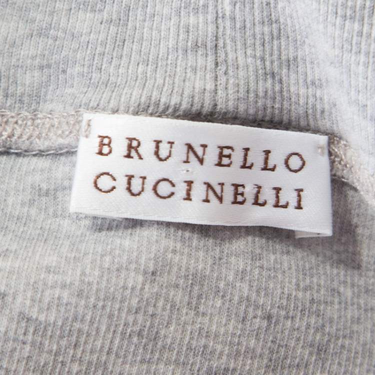 Pre Owned Brunello Cucinelli Grey Ribbed Cotton Sparkle Bead Embellished Top L