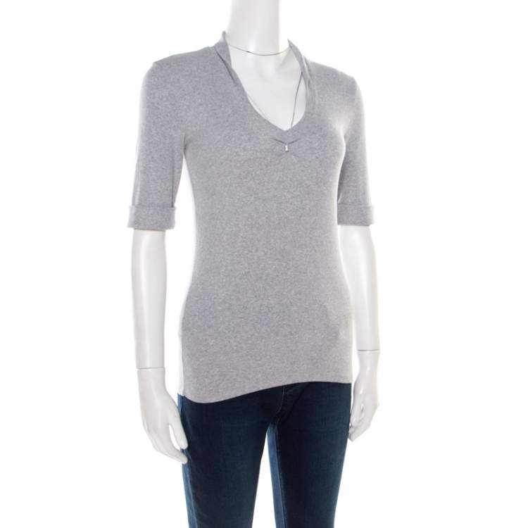 Pre Owned Brunello Cucinelli Grey Ribbed Cotton Sparkle Bead Embellished Top L