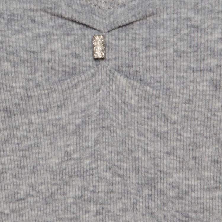 Pre Owned Brunello Cucinelli Grey Ribbed Cotton Sparkle Bead Embellished Top L