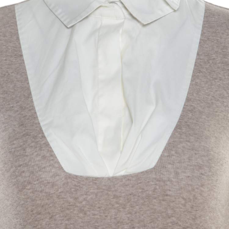 Pre Owned Brunello Cucinelli Beige Collar Yoke Ribbed Sweater Top M