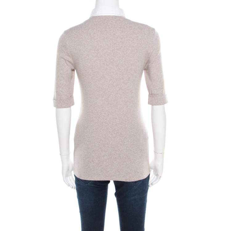 Pre Owned Brunello Cucinelli Beige Collar Yoke Ribbed Sweater Top M