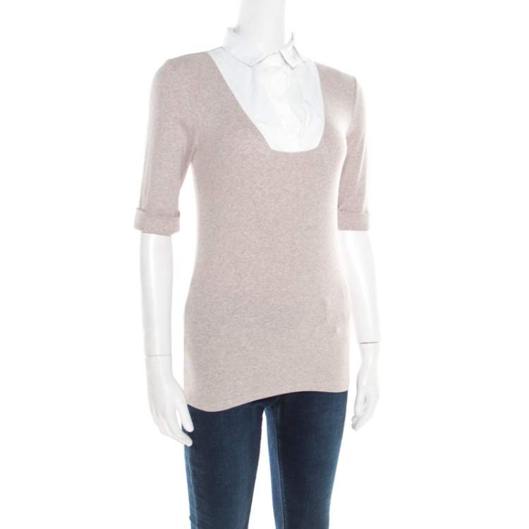 Pre Owned Brunello Cucinelli Beige Collar Yoke Ribbed Sweater Top M