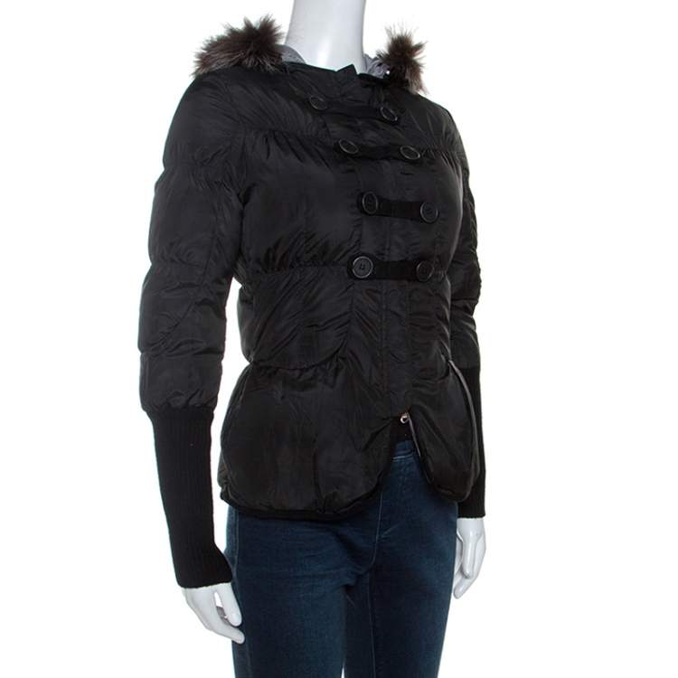 Pre Owned Brunello Cucinelli Black Fur Collar Ribbed Trim Peplum Puffer Jacket S