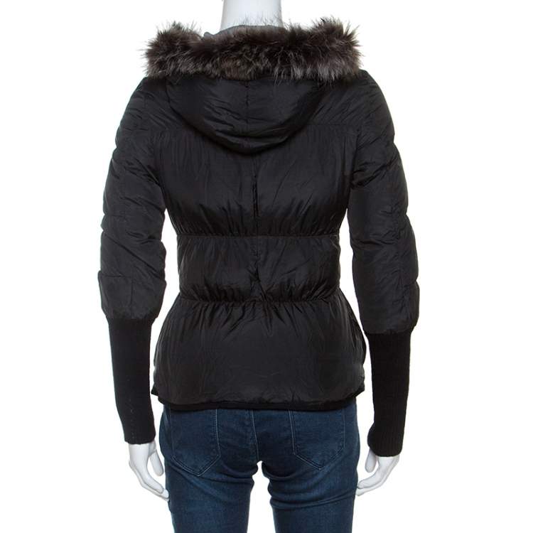 Pre Owned Brunello Cucinelli Black Fur Collar Ribbed Trim Peplum Puffer Jacket S