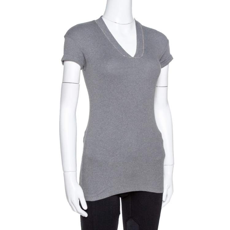 Pre Owned Brunello Cuccinelli Grey Rib Knit Beaded Neck Fitted Top S