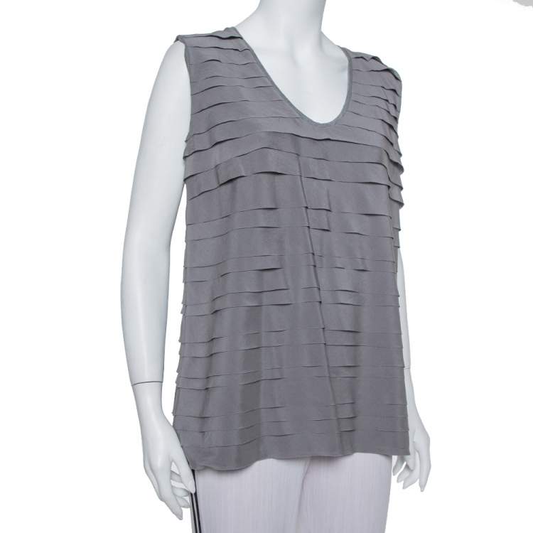 Pre Owned Brunello Cucinelli Grey Silk Ruffled Sleeveless Top XXL