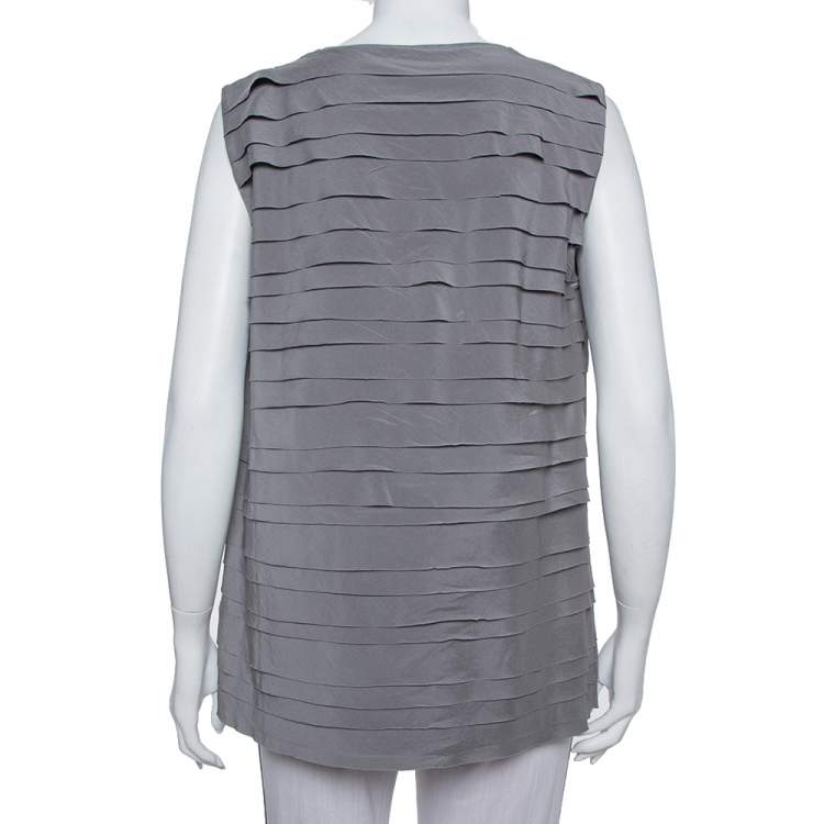 Pre Owned Brunello Cucinelli Grey Silk Ruffled Sleeveless Top XXL