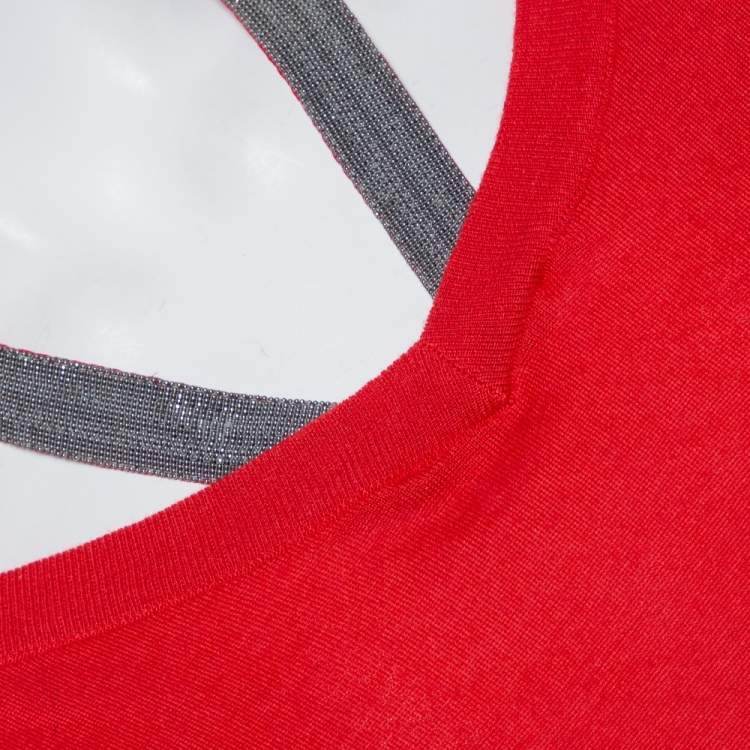 Pre Owned Brunello Cucinelli Red Cashmere & Silk  Embellished Neck Detail Top M