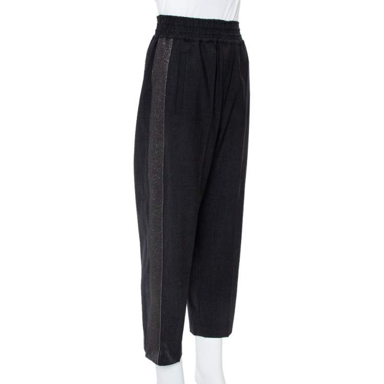 Pre Owned Brunello Cucinelli Black Wool Lurex Trim Elasticized Waist Detail Pants S