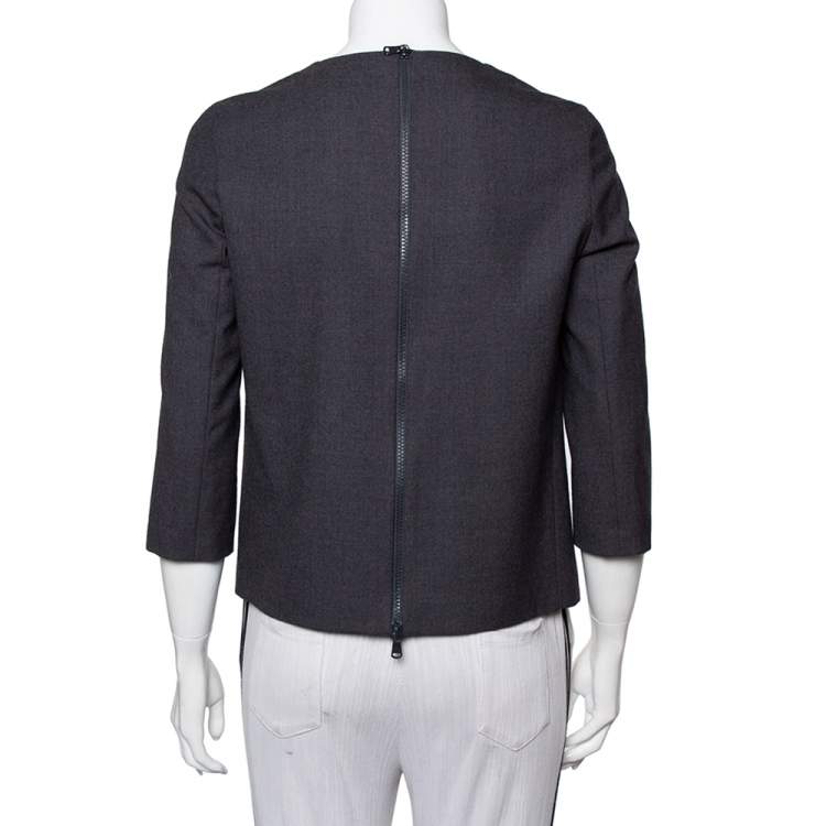 Pre Owned Brunello Cucinelli Charcoal Grey Wool Floral Applique Detail Top S
