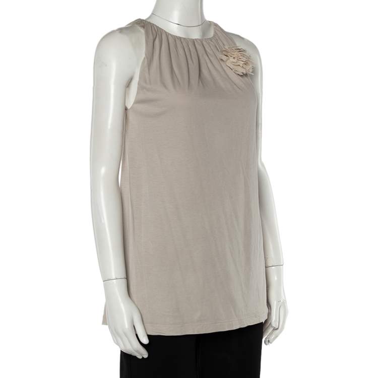 Pre Owned Brunello Cucinelli Beige Cotton Knit Applique Detail Sleeveless Tunic M