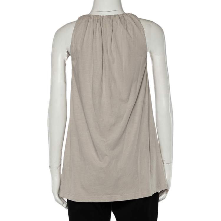 Pre Owned Brunello Cucinelli Beige Cotton Knit Applique Detail Sleeveless Tunic M