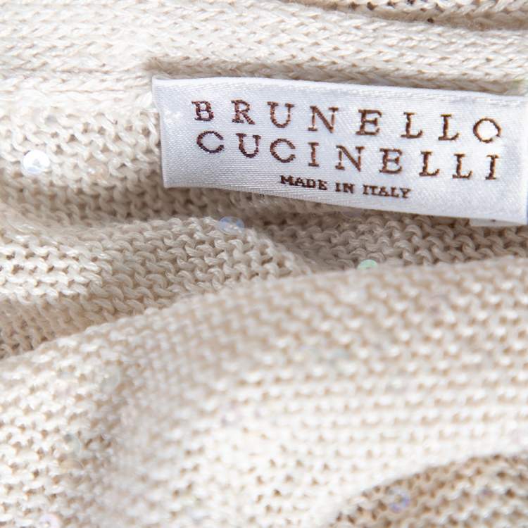 Pre Owned Brunello Cucinelli Off-White Linen Knit Embellished Asymmetrical Sweater XL 