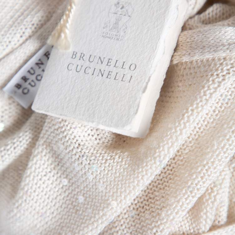Pre Owned Brunello Cucinelli Off-White Linen Knit Embellished Asymmetrical Sweater XL 