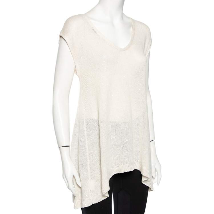Pre Owned Brunello Cucinelli Off-White Linen Knit Embellished Asymmetrical Sweater XL 